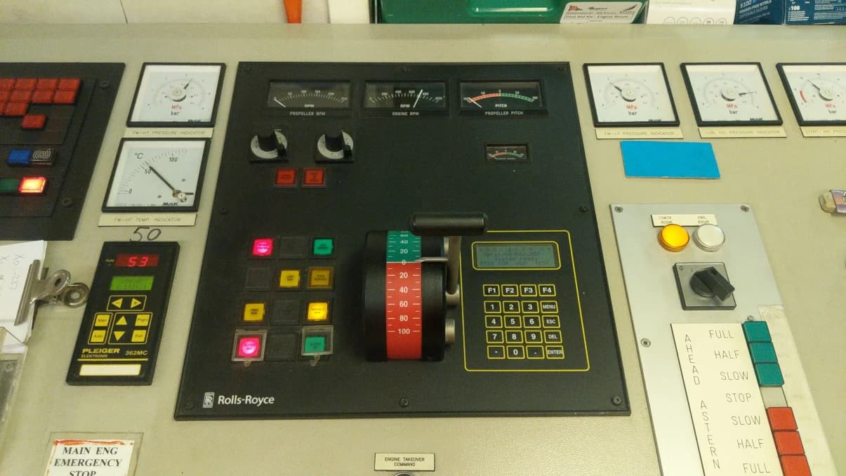 Engine Control Room automation panel showing Rolls-Royce propulsion control system with telegraph repeater and pitch indicator