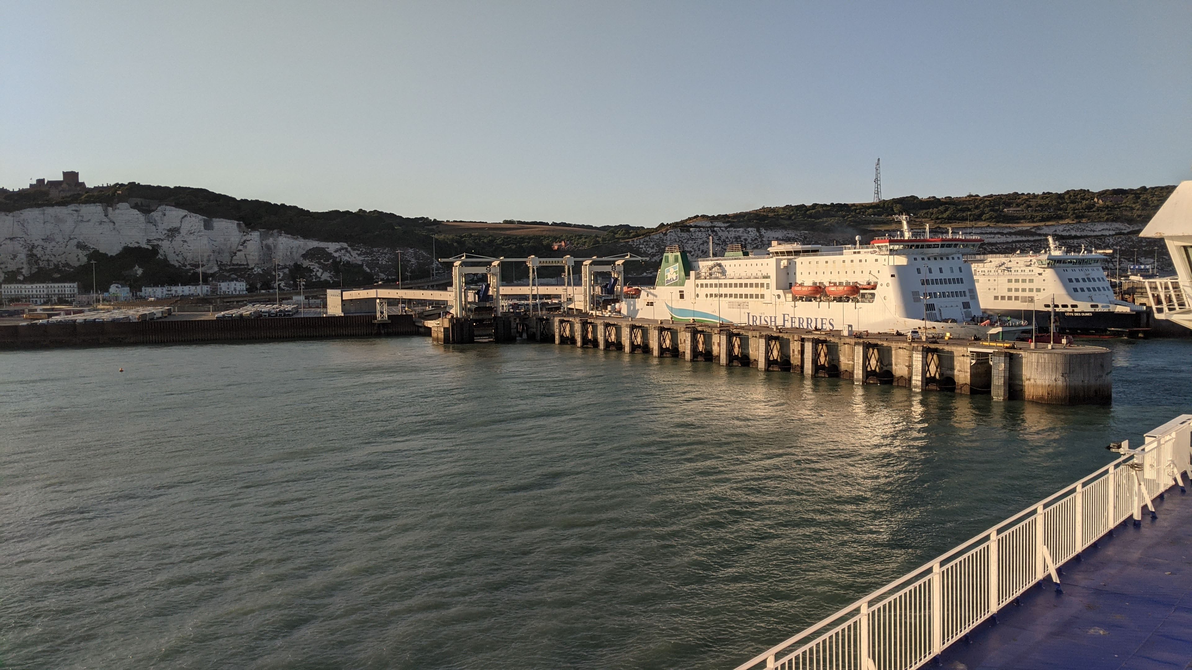 Dover Eastern Docks with Irish Ferries vessel berthed and White Cliffs of Dover — high-cycle Cross-Channel ferry port