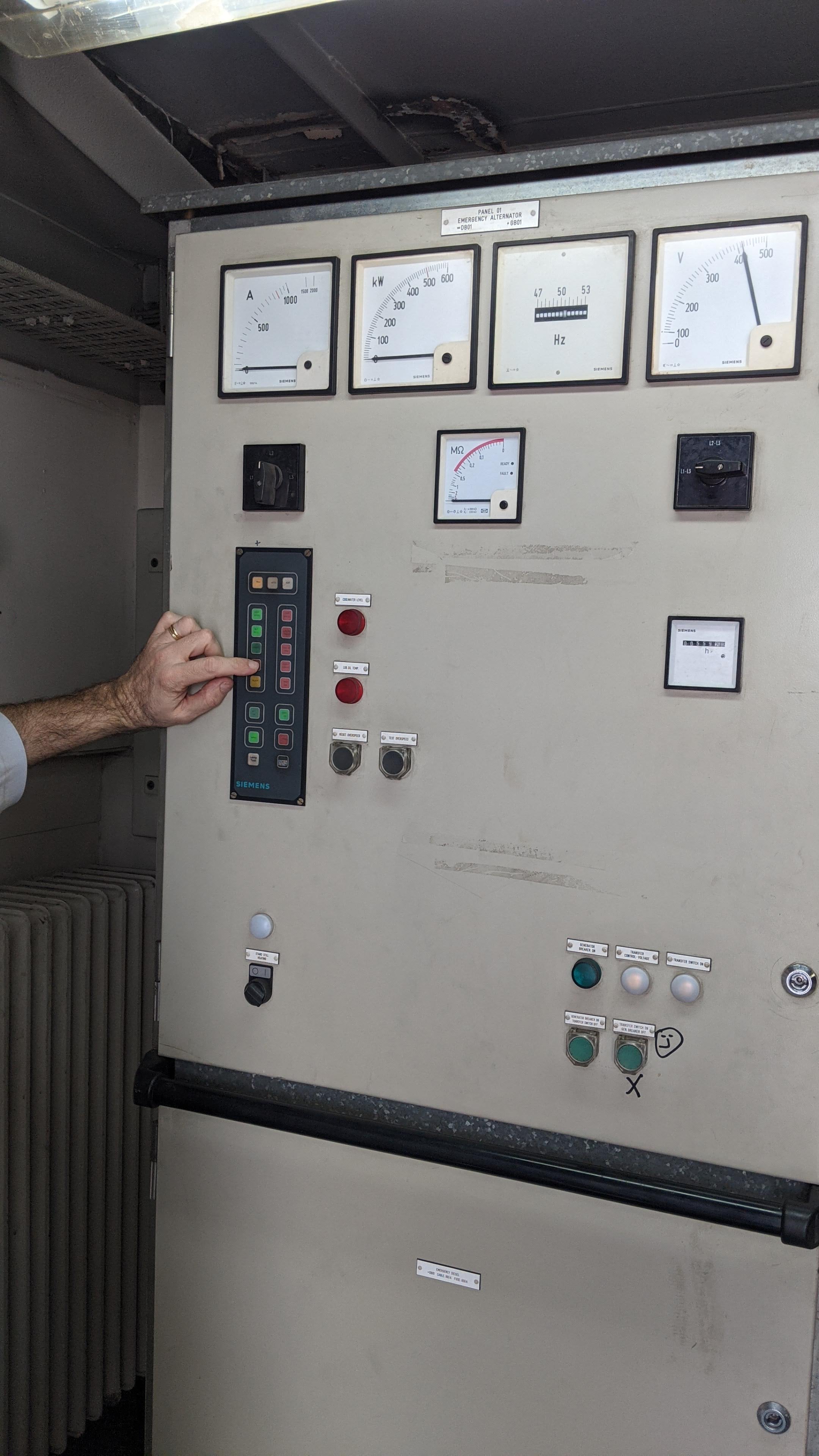 Emergency generator Siemens switchboard panel with ammeter, kW meter, frequency meter and voltmeter — P&O ferry Dover