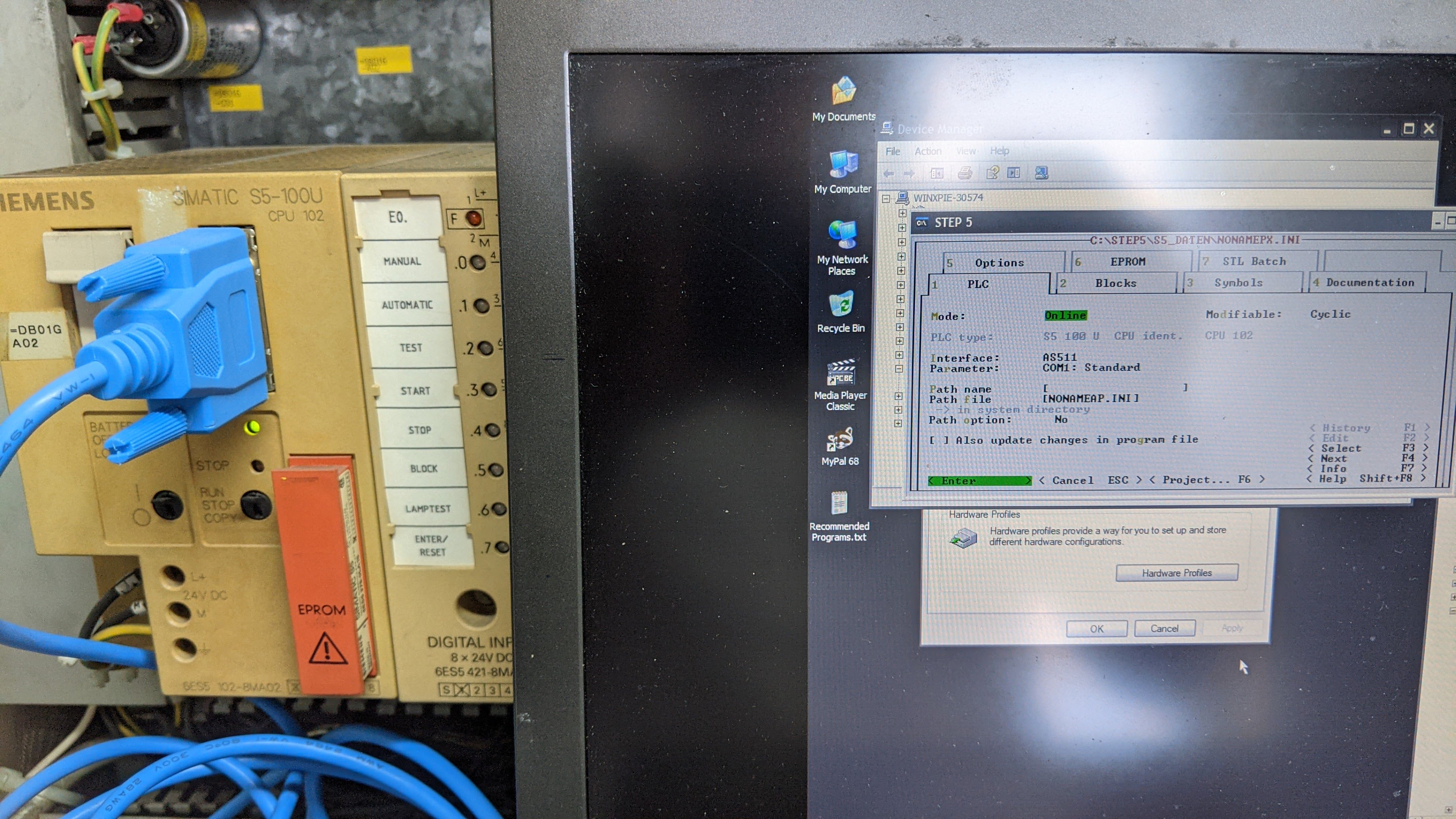 Siemens S5-100U CPU 102 PLC with MPI programming cable connected — STEP 5 online session for program backup and recovery