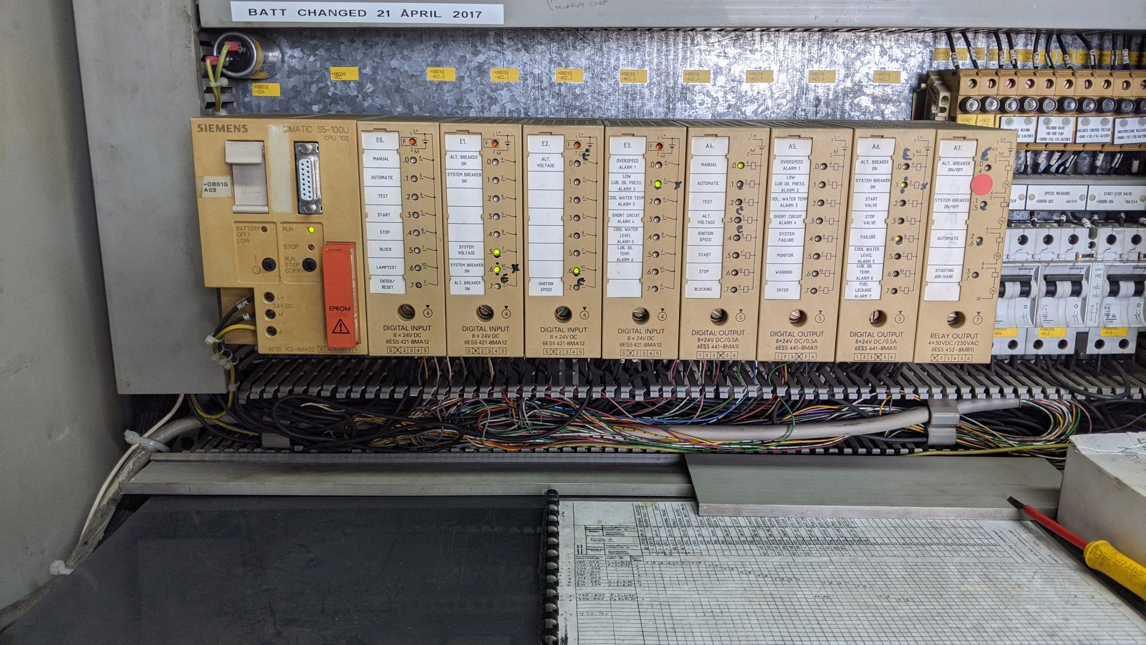 Siemens SIMATIC S5-100U PLC rack with CPU 102 and I/O modules controlling emergency generator — cross-channel ferry Dover