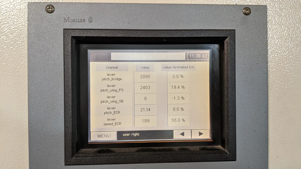 Berg ECR3000 HMI showing CPP lever position feedback values — marine control diagnostics, Ashmit Engineering Ltd