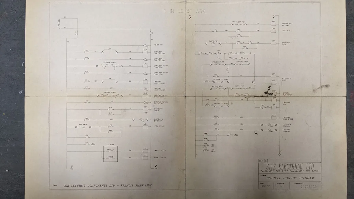 1992 cubicle circuit diagram — only available documentation, Liverpool cable factory, Ashmit Engineering Ltd