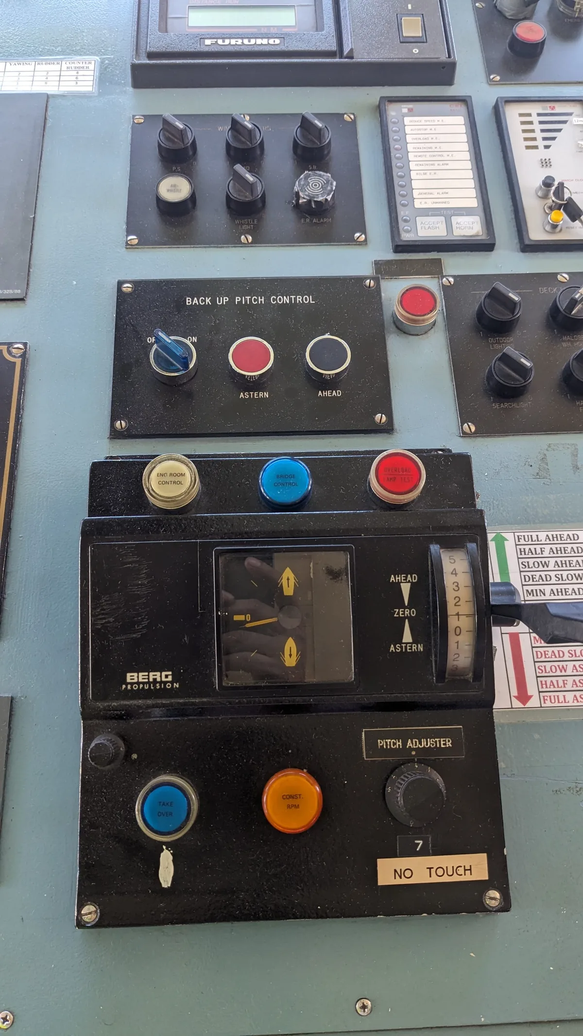 Berg Propulsion ECR3000 bridge pitch control panel showing AHEAD / ZERO / ASTERN pitch indicator — marine CPP repair Swansea